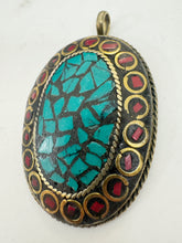 brass, turquoise coral red enhanced magnesite inlays, 64x41x8mm oval shape tibetan style pendant, sold per piece