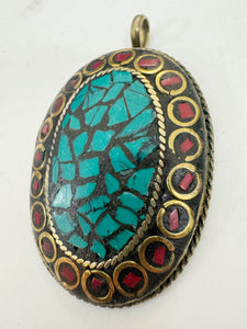 brass, turquoise coral red enhanced magnesite inlays, 64x41x8mm oval shape tibetan style pendant, sold per piece