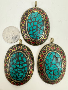 brass, turquoise coral red enhanced magnesite inlays, 64x41x8mm oval shape tibetan style pendant, sold per piece
