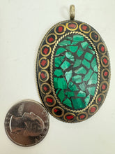 brass, malachite green coral red enhanced magnesite inlays, 64x41x8mm oval shape tibetan style pendant, sold per piece