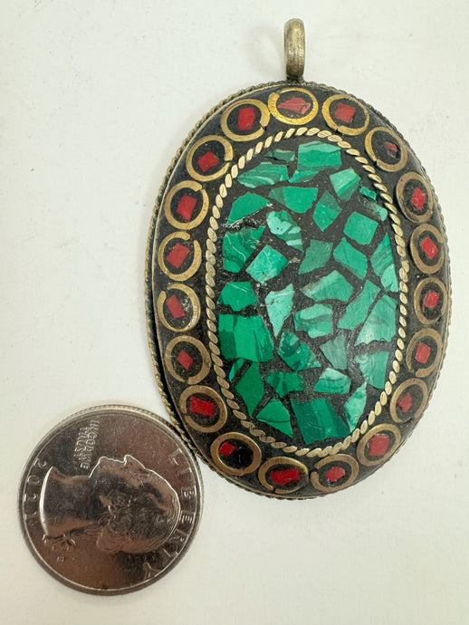 brass, malachite green coral red enhanced magnesite inlays, 64x41x8mm oval shape tibetan style pendant, sold per piece