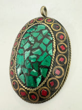 brass, malachite green coral red enhanced magnesite inlays, 64x41x8mm oval shape tibetan style pendant, sold per piece