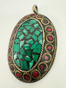 brass, malachite green coral red enhanced magnesite inlays, 64x41x8mm oval shape tibetan style pendant, sold per piece