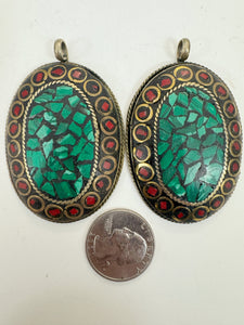 brass, malachite green coral red enhanced magnesite inlays, 64x41x8mm oval shape tibetan style pendant, sold per piece