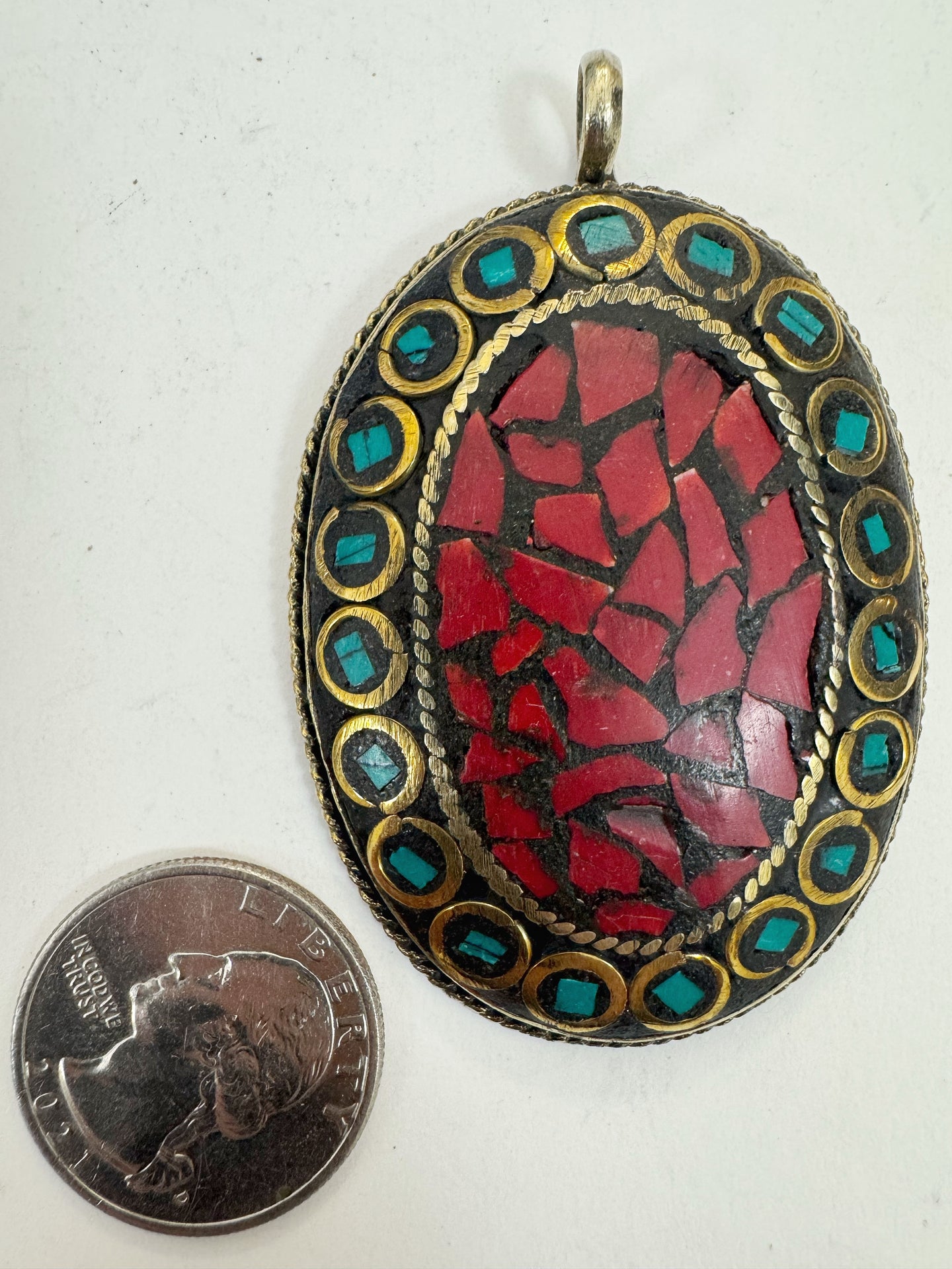 brass, coral red turquoise blue enhanced magnesite inlays, 64x41x8mm oval shape tibetan style pendant, sold per piece