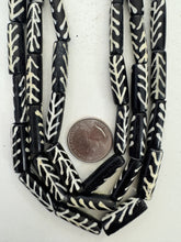 black off white, branching tree pattern motif, vintage stock bone, 26x8mm tube, 15" strand, SOLD PER STRAND