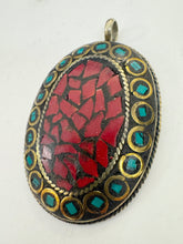 brass, coral red turquoise blue enhanced magnesite inlays, 64x41x8mm oval shape tibetan style pendant, sold per piece