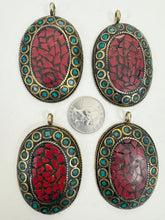 brass, coral red turquoise blue enhanced magnesite inlays, 64x41x8mm oval shape tibetan style pendant, sold per piece