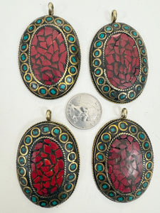 brass, coral red turquoise blue enhanced magnesite inlays, 64x41x8mm oval shape tibetan style pendant, sold per piece