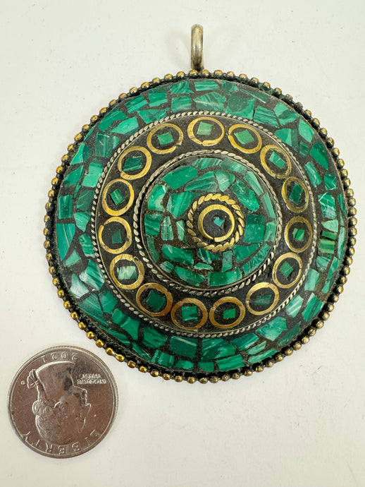 brass, malachite green enhanced magnesite inlays, 80x68x22mm oval coin tibetan style pendant, sold per piece