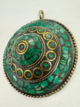 brass, malachite green enhanced magnesite inlays, 80x68x22mm oval coin tibetan style pendant, sold per piece