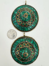 brass, malachite green enhanced magnesite inlays, 80x68x22mm oval coin tibetan style pendant, sold per piece