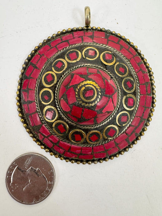 brass, dark coral red enhanced magnesite inlays, 80x68x22mm oval coin tibetan style pendant, sold per piece