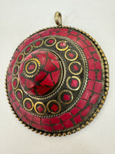 brass, dark coral red enhanced magnesite inlays, 80x68x22mm oval coin tibetan style pendant, sold per piece