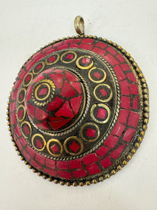 brass, dark coral red enhanced magnesite inlays, 80x68x22mm oval coin tibetan style pendant, sold per piece