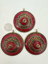brass, dark coral red enhanced magnesite inlays, 80x68x22mm oval coin tibetan style pendant, sold per piece