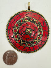 brass, coral red enhanced magnesite inlays, 80x68x22mm oval coin tibetan style pendant, sold per piece