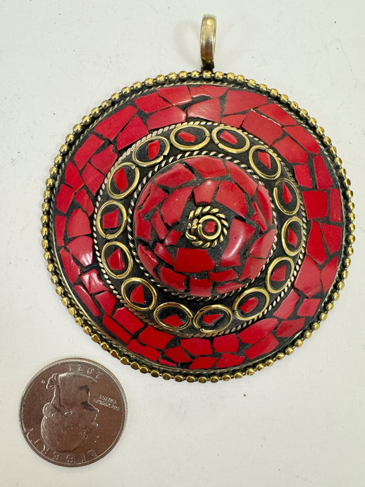 brass, coral red enhanced magnesite inlays, 80x68x22mm oval coin tibetan style pendant, sold per piece