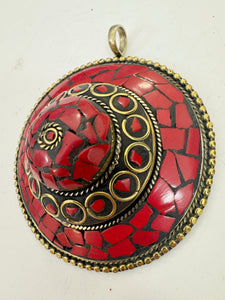 brass, coral red enhanced magnesite inlays, 80x68x22mm oval coin tibetan style pendant, sold per piece