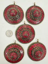 brass, coral red enhanced magnesite inlays, 80x68x22mm oval coin tibetan style pendant, sold per piece