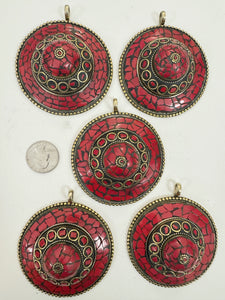 brass, coral red enhanced magnesite inlays, 80x68x22mm oval coin tibetan style pendant, sold per piece