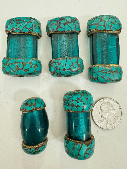 dark blue green glass, brass, turquoise enhanced magnesite inlays, 36-51mm style mix vintage look tibetan style beads, 5 piece lot