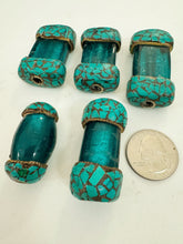 dark blue green glass, brass, turquoise enhanced magnesite inlays, 36-51mm style mix vintage look tibetan style beads, 5 piece lot