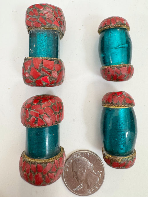 dark blue green glass, brass, coral red enhanced magnesite inlays, 35-42mm style mix vintage look tibetan style beads, 4 piece lot