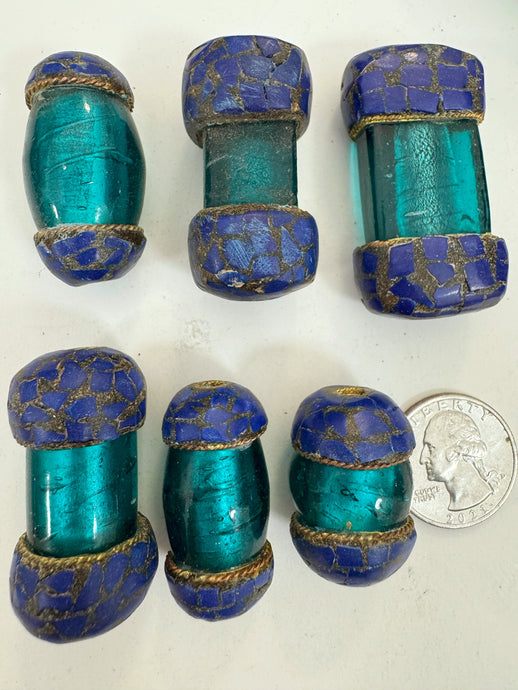 dark blue green glass, brass, lapis blue enhanced magnesite inlays, 28-46mm style mix vintage look tibetan style beads, 6 piece lot