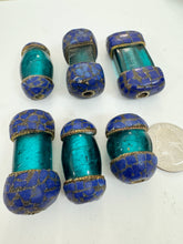 dark blue green glass, brass, lapis blue enhanced magnesite inlays, 28-46mm style mix vintage look tibetan style beads, 6 piece lot
