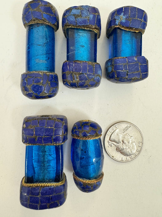 dark electric blue glass, brass, lapis blue enhanced magnesite inlays, 36-51mm style mix vintage look tibetan style beads, 5 piece lot
