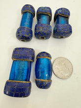 dark electric blue glass, brass, lapis blue enhanced magnesite inlays, 36-51mm style mix vintage look tibetan style beads, 5 piece lot