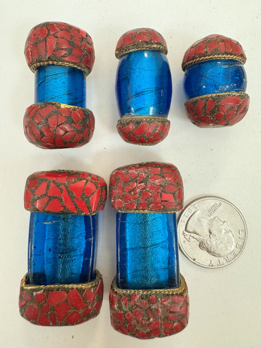 dark electric blue glass, brass, coral red enhanced magnesite inlays, 27-51mm style mix vintage look tibetan style beads, 5 piece lot