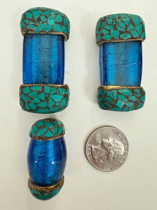 dark electric blue glass, brass, turquoise blue enhanced magnesite inlays, 36-51mm style mix vintage look tibetan style beads, 3 piece lot (