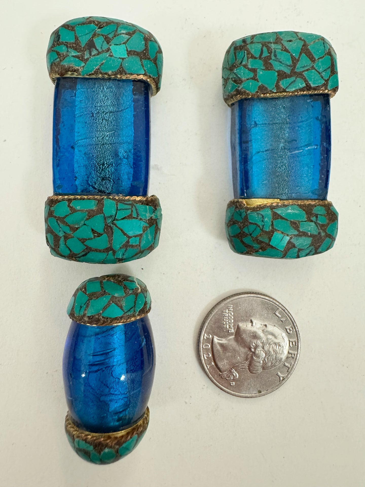 dark electric blue glass, brass, turquoise blue enhanced magnesite inlays, 36-51mm style mix vintage look tibetan style beads, 3 piece lot (