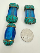 dark electric blue glass, brass, turquoise blue enhanced magnesite inlays, 36-51mm style mix vintage look tibetan style beads, 3 piece lot (