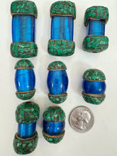 dark electric blue glass, brass, malachite green enhanced magnesite inlays, 36-51mm style mix vintage look tibetan style beads, 8 piece lot