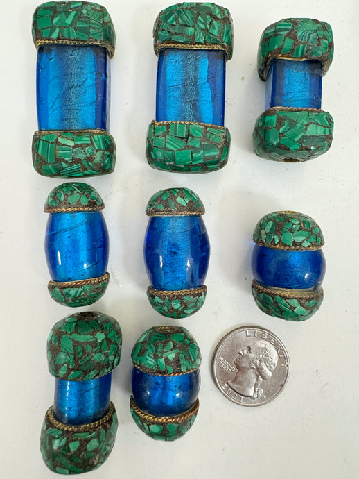 dark electric blue glass, brass, malachite green enhanced magnesite inlays, 36-51mm style mix vintage look tibetan style beads, 8 piece lot