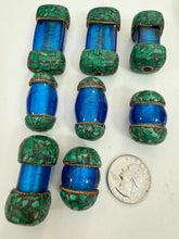 dark electric blue glass, brass, malachite green enhanced magnesite inlays, 36-51mm style mix vintage look tibetan style beads, 8 piece lot