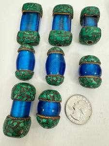 dark electric blue glass, brass, malachite green enhanced magnesite inlays, 36-51mm style mix vintage look tibetan style beads, 8 piece lot