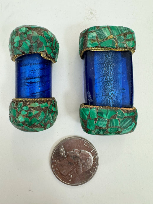 dark pale blue glass, brass, malachite green enhanced magnesite inlays, 43-48mm style mix vintage look tibetan style beads, 2 piece lot