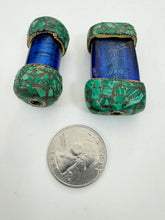 dark pale blue glass, brass, malachite green enhanced magnesite inlays, 43-48mm style mix vintage look tibetan style beads, 2 piece lot