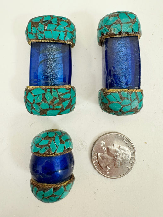 dark pale blue glass, brass, turquoise blue enhanced magnesite inlays, 29-49mm style mix vintage look tibetan style beads, 3 piece lot