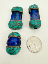 dark pale blue glass, brass, turquoise blue enhanced magnesite inlays, 29-49mm style mix vintage look tibetan style beads, 3 piece lot