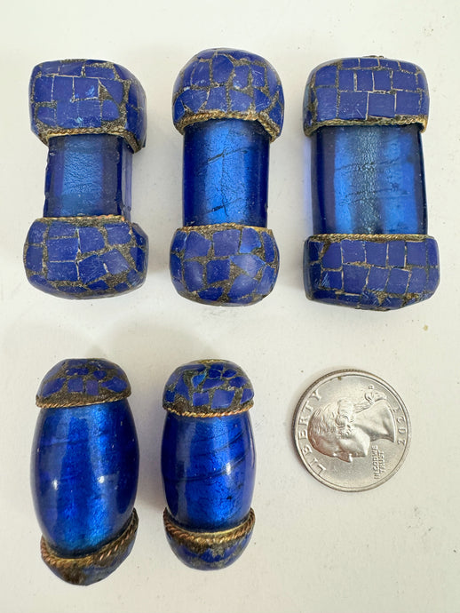 dark pale blue glass, brass, lapis blue enhanced magnesite inlays, 35-49mm style mix vintage look tibetan style beads, 5 piece lot