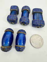 dark pale blue glass, brass, lapis blue enhanced magnesite inlays, 35-49mm style mix vintage look tibetan style beads, 5 piece lot