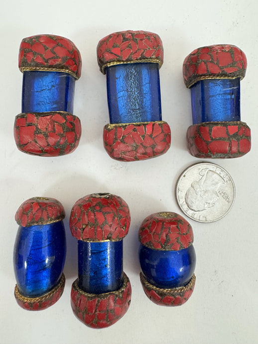 dark pale blue glass, brass, coral red enhanced magnesite inlays, 29-47mm style mix vintage look tibetan style beads, 6 piece lot