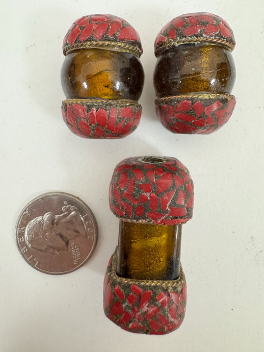 dark golden amber glass, brass, coral red enhanced magnesite inlays, 29-40mm style mix vintage look tibetan style beads, 3 piece lot