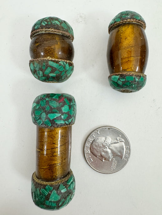 dark golden amber glass, brass, malachite green enhanced magnesite inlays, 28-49mm style mix vintage look tibetan style beads, 3 piece lot
