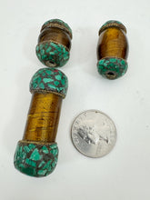 dark golden amber glass, brass, malachite green enhanced magnesite inlays, 28-49mm style mix vintage look tibetan style beads, 3 piece lot